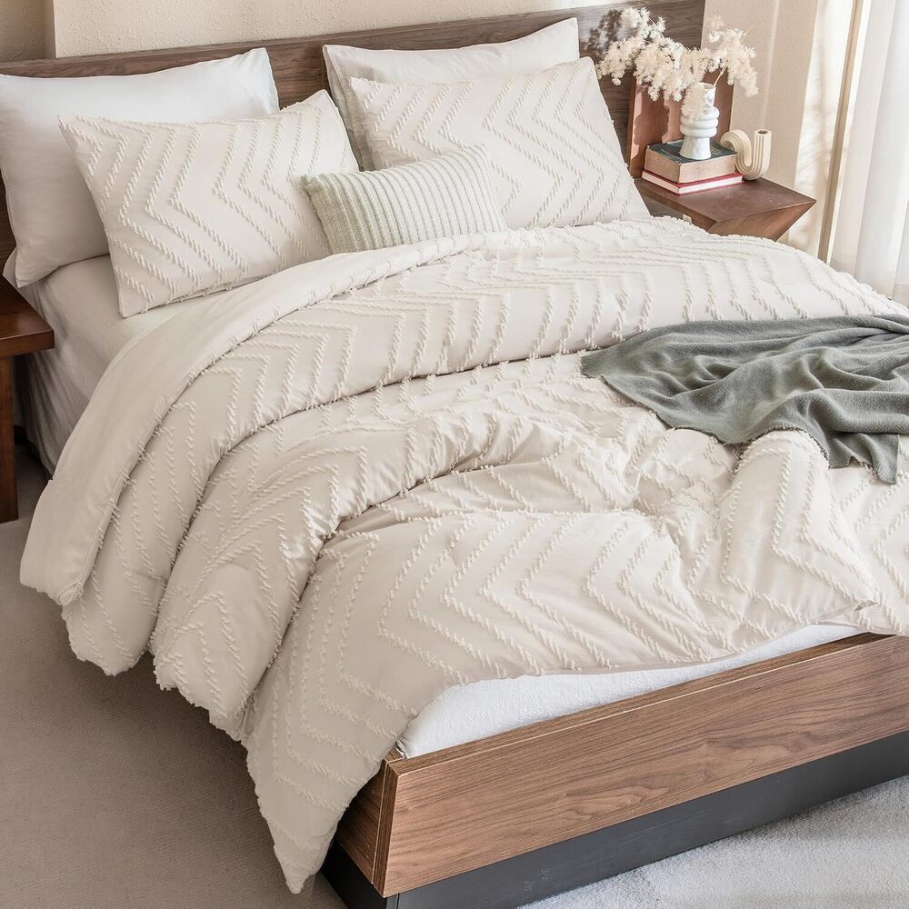 King Size Comforter Set Beige, Boho Cream Soft Warm Tufted Neutral